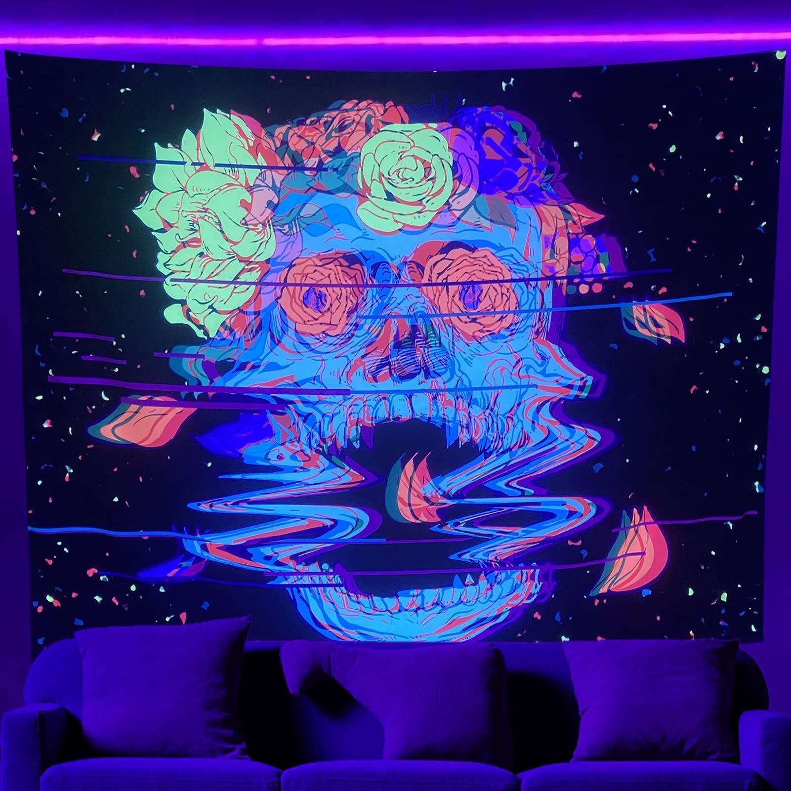 HKM-387091 UV Blue Light Skull Flower Eyes Tapestry - Modern Polyester Wall Hanging, Various Sizes Available