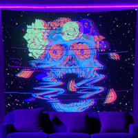 HKM-387091 UV Blue Light Skull Flower Eyes Tapestry - Modern Polyester Wall Hanging, Various Sizes Available