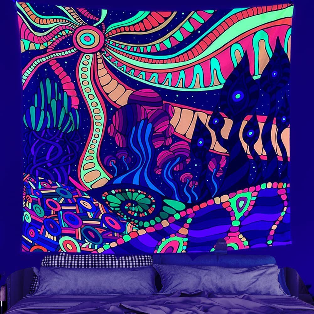 HKM-387091 UV Blue Light Skull Flower Eyes Tapestry - Modern Polyester Wall Hanging, Various Sizes Available