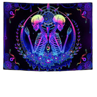 HKM-387091 UV Blue Light Skull Flower Eyes Tapestry - Modern Polyester Wall Hanging, Various Sizes Available