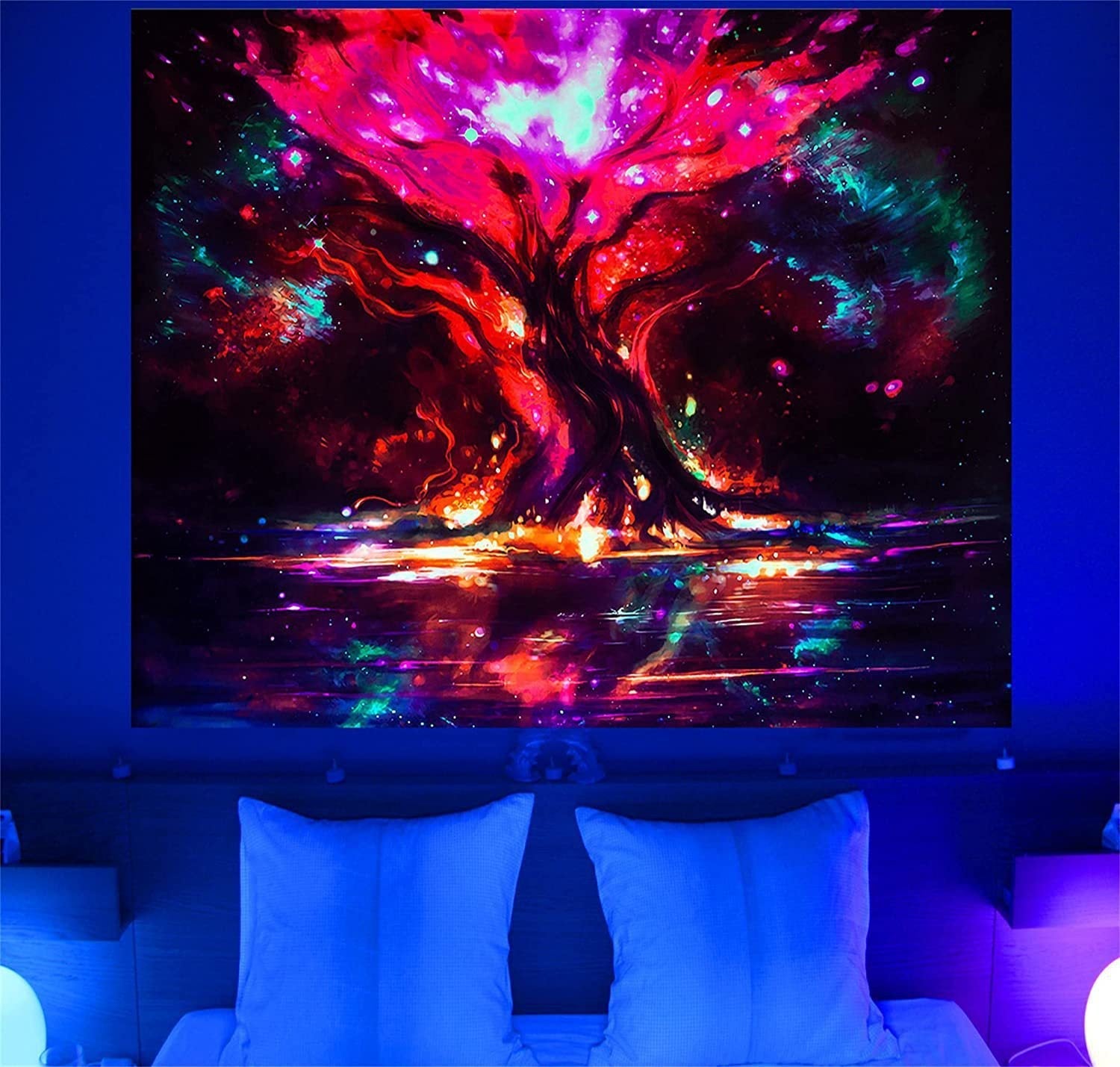 HKM-387091 UV Blue Light Skull Flower Eyes Tapestry - Modern Polyester Wall Hanging, Various Sizes Available