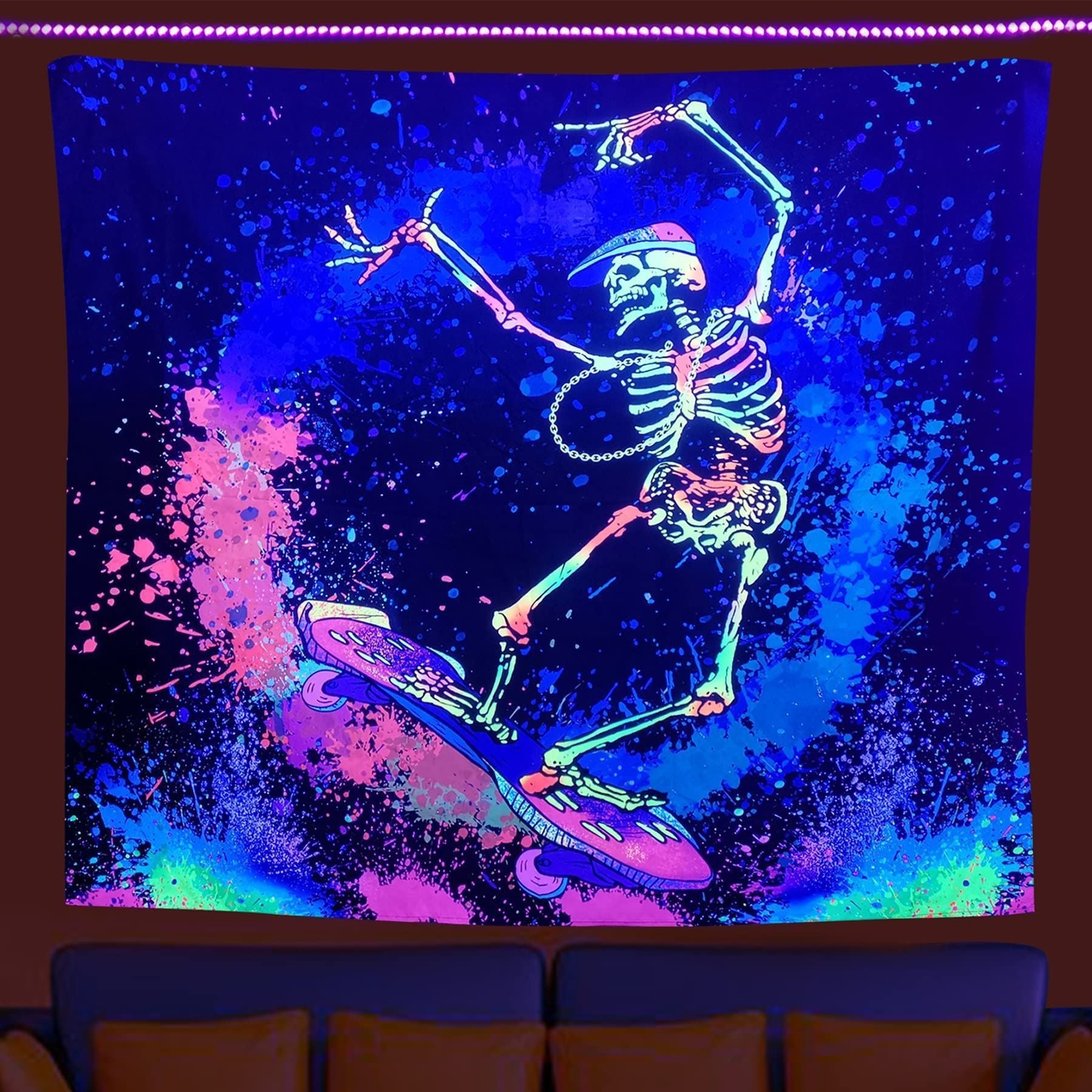 HKM-387091 UV Blue Light Skull Flower Eyes Tapestry - Modern Polyester Wall Hanging, Various Sizes Available