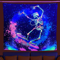 HKM-387091 UV Blue Light Skull Flower Eyes Tapestry - Modern Polyester Wall Hanging, Various Sizes Available