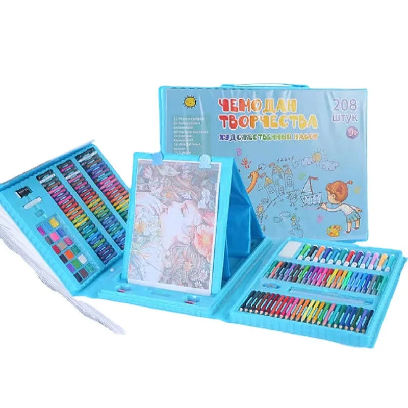 HKM-387411 208-Piece Customizable Drawing Art Set for Kids - Oil, Pastel & Printing Supplies