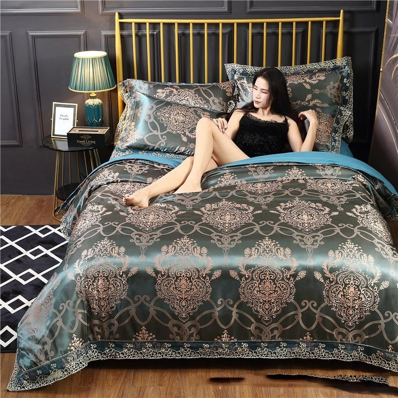 HKM-387411 Silk Satin Jacquard Lace Four-Piece Bedding Set with Floral Patterns for 1.5m & 1.8m Beds