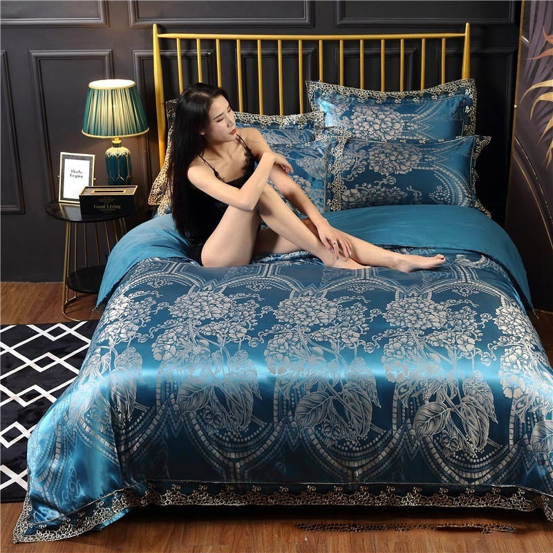 HKM-387411 Silk Satin Jacquard Lace Four-Piece Bedding Set with Floral Patterns for 1.5m & 1.8m Beds