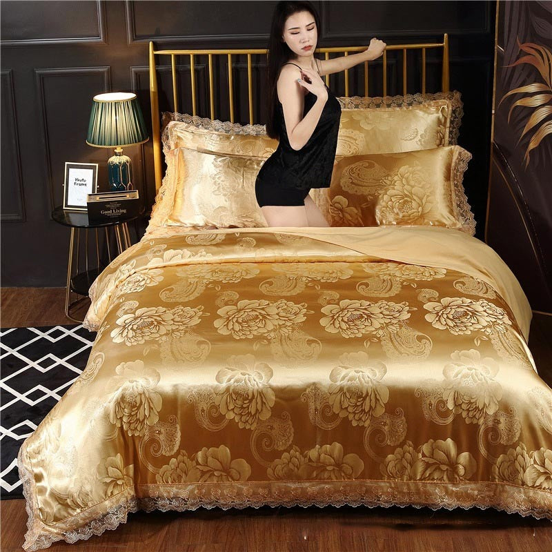 HKM-387411 Silk Satin Jacquard Lace Four-Piece Bedding Set with Floral Patterns for 1.5m & 1.8m Beds
