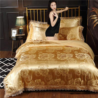 HKM-387411 Silk Satin Jacquard Lace Four-Piece Bedding Set with Floral Patterns for 1.5m & 1.8m Beds