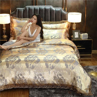 HKM-387411 Silk Satin Jacquard Lace Four-Piece Bedding Set with Floral Patterns for 1.5m & 1.8m Beds