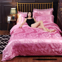 HKM-387411 Silk Satin Jacquard Lace Four-Piece Bedding Set with Floral Patterns for 1.5m & 1.8m Beds