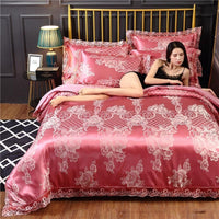 HKM-387411 Silk Satin Jacquard Lace Four-Piece Bedding Set with Floral Patterns for 1.5m & 1.8m Beds