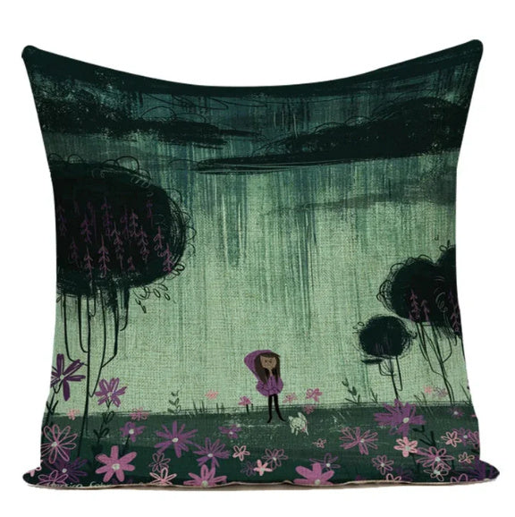 HKM-387539 Ink Painting Floral Cushion Cover - Peach Skin Fabric, 45x45 cm