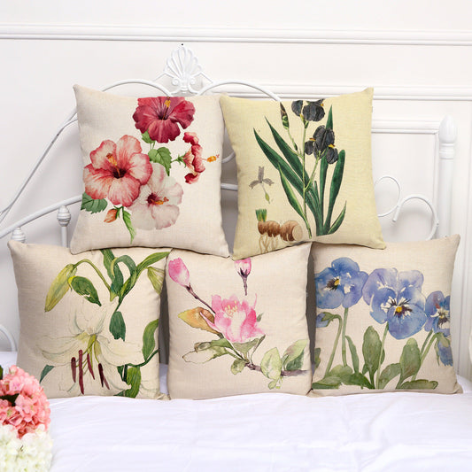 HKM-387539 Ink Painting Floral Cushion Cover - Peach Skin Fabric, 45x45 cm