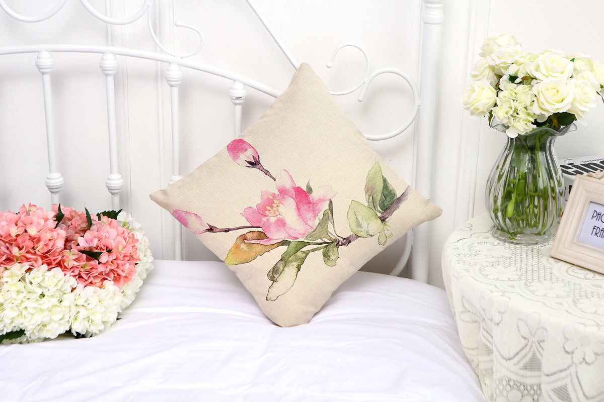 HKM-387539 Ink Painting Floral Cushion Cover - Peach Skin Fabric, 45x45 cm