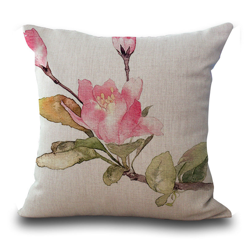 HKM-387539 Ink Painting Floral Cushion Cover - Peach Skin Fabric, 45x45 cm