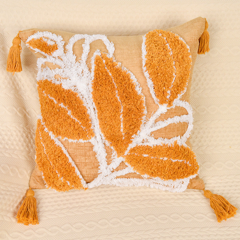 HKM-388947 Leaf-Patterned Tufted Throw Pillowcase for Living Room and Sofa - 45x45 cm Cotton Cushion Cover