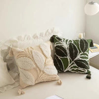HKM-388947 Leaf-Patterned Tufted Throw Pillowcase for Living Room and Sofa - 45x45 cm Cotton Cushion Cover