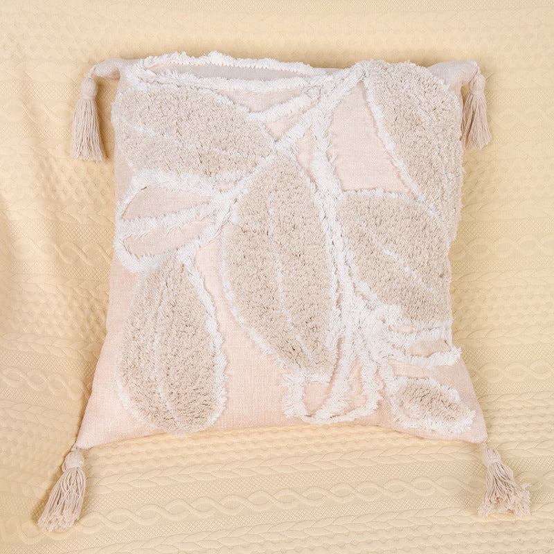 HKM-388947 Leaf-Patterned Tufted Throw Pillowcase for Living Room and Sofa - 45x45 cm Cotton Cushion Cover