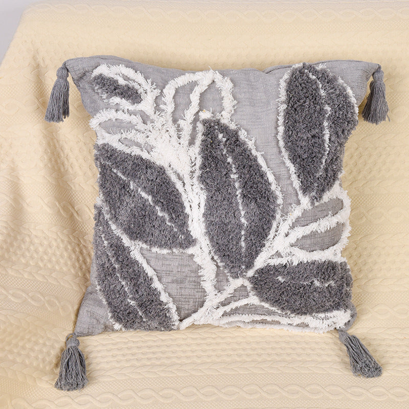 HKM-388947 Leaf-Patterned Tufted Throw Pillowcase for Living Room and Sofa - 45x45 cm Cotton Cushion Cover