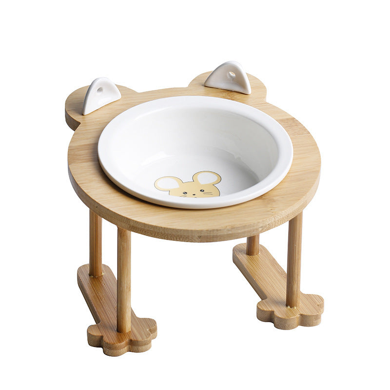 HKM-389075 Tilted Ceramic Cat and Dog Bowl with Bamboo Rack – Easy to Clean, Non-Slip Design, Heat-Resistant, 380ml Capacity
