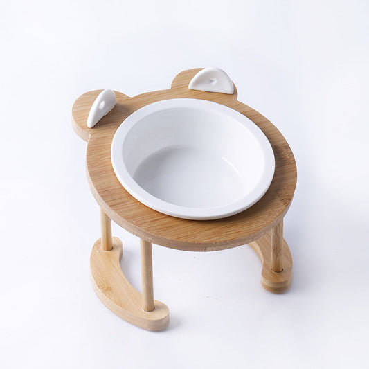 HKM-389075 Tilted Ceramic Cat and Dog Bowl with Bamboo Rack – Easy to Clean, Non-Slip Design, Heat-Resistant, 380ml Capacity