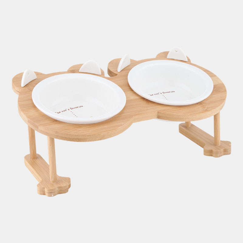 HKM-389075 Tilted Ceramic Cat and Dog Bowl with Bamboo Rack – Easy to Clean, Non-Slip Design, Heat-Resistant, 380ml Capacity