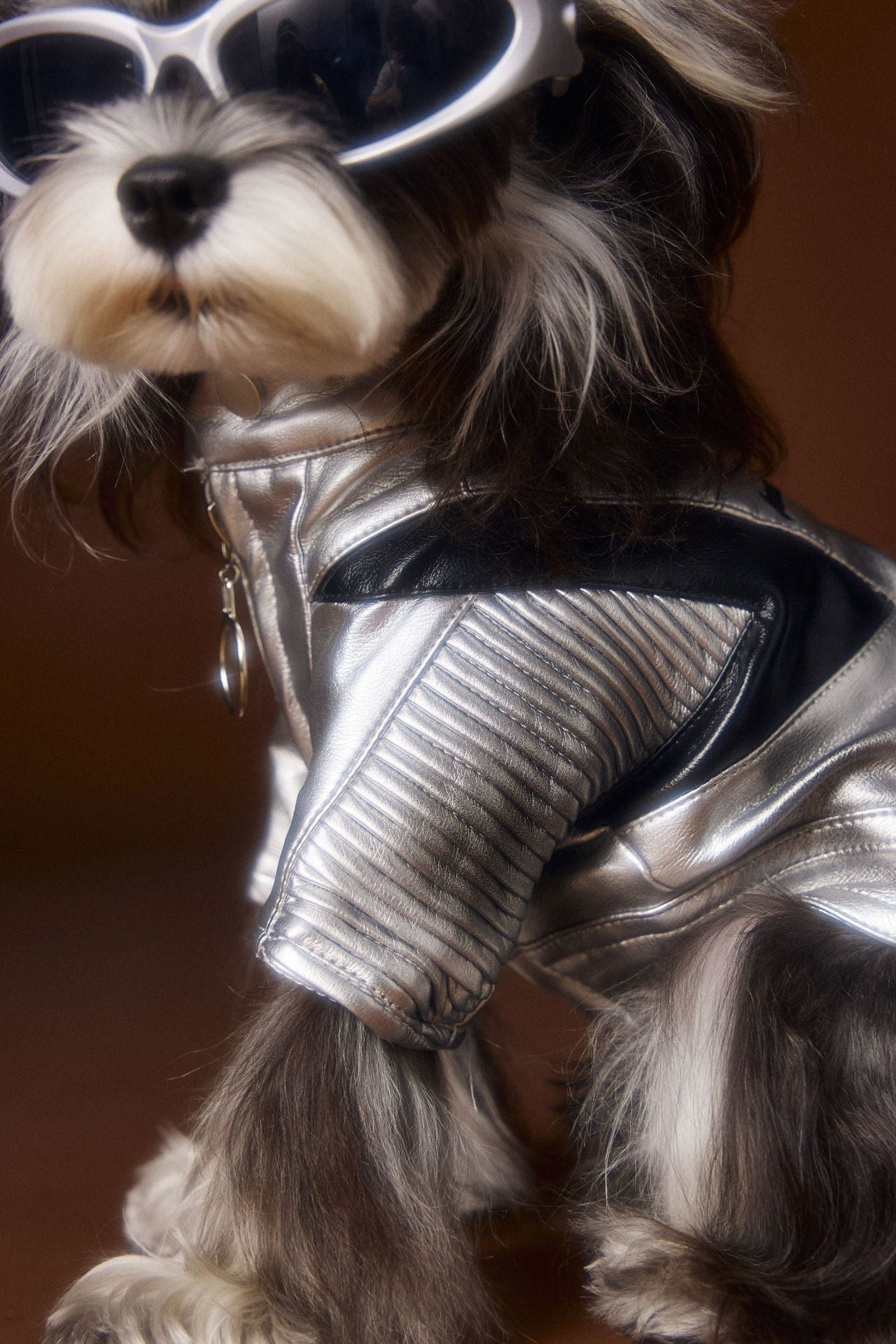 HKM-389203 Handsome Distressed Silver Leather Coat for Pets in Multiple Sizes