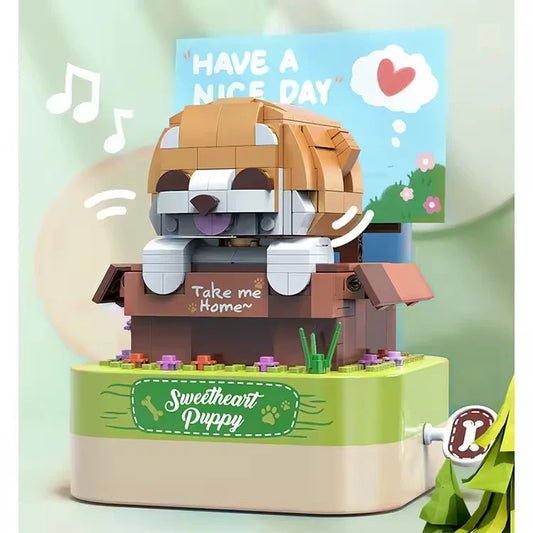 Interactive Mini Building Blocks Toy Pet Dog Music Box for Ages 2 and Up