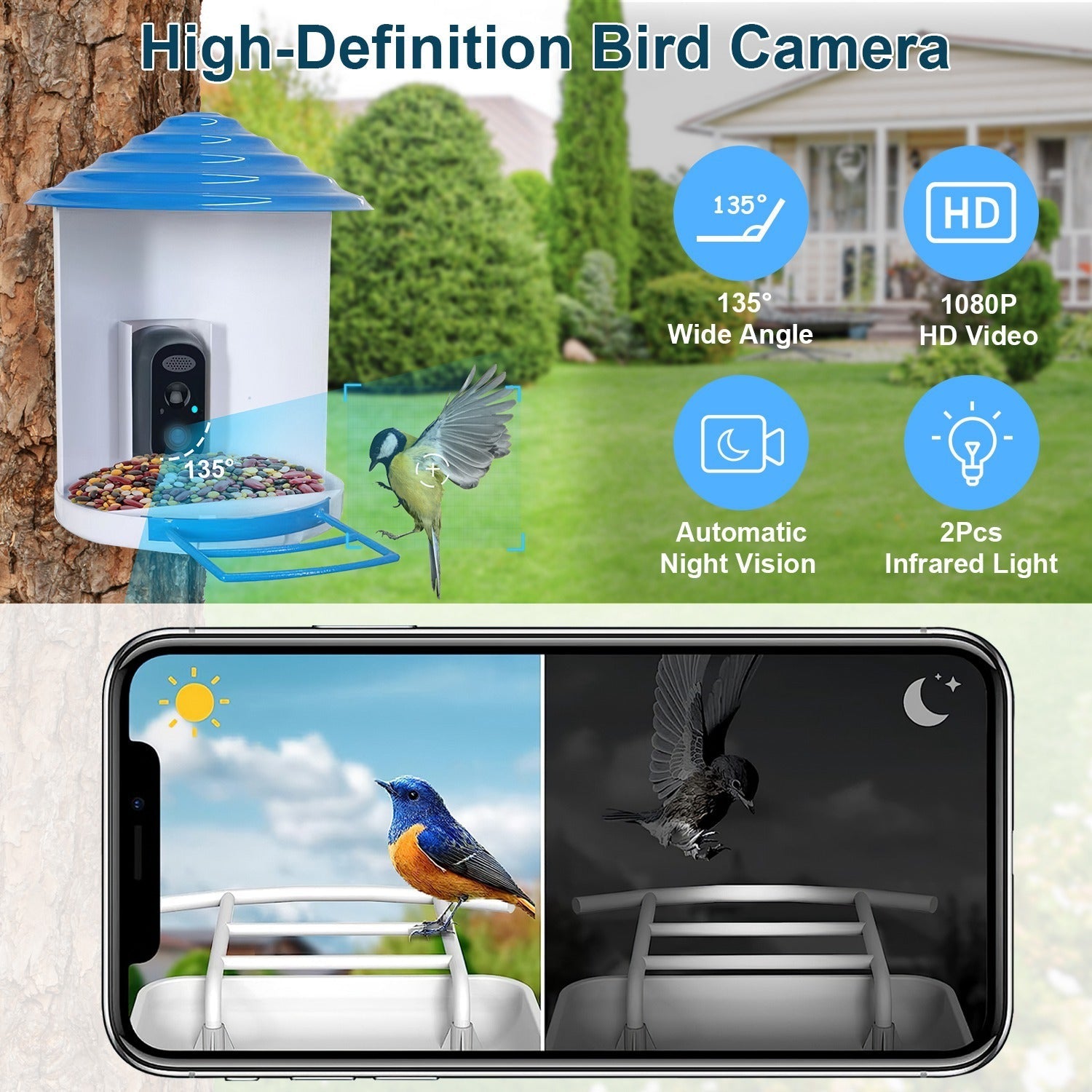 HKM-389651 Smart Bird Feeder with Solar-Powered Camera, 1080P HD Video, AI Bird Identification, PIR Motion Detection, App Control, IP65 Waterproof
