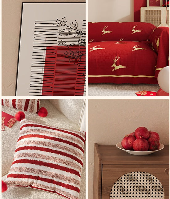 HKM-389843 Red Striped Decorative Pillow for Living Room, Soft Silk Fill, Modern Chic Style