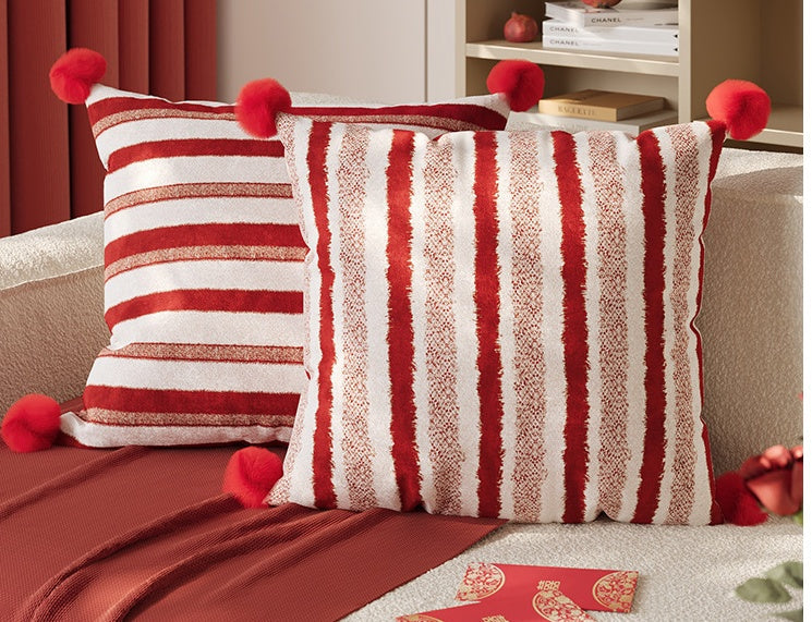 HKM-389843 Red Striped Decorative Pillow for Living Room, Soft Silk Fill, Modern Chic Style
