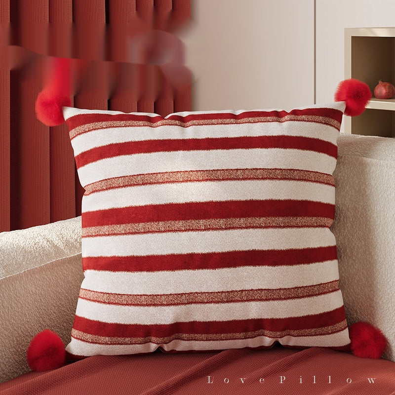 HKM-389843 Red Striped Decorative Pillow for Living Room, Soft Silk Fill, Modern Chic Style