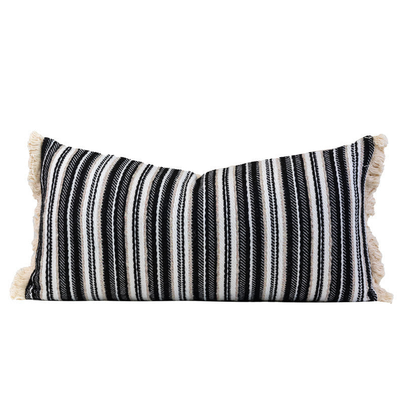HKM-392019 Black and White Striped Jacquard Bedding Set for 1.5-1.8m Beds - Includes Blanket, Pillowcases, and Cushion Cover