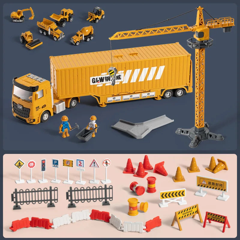 HKM-392019 Children's Engineering Container Truck Toy Set with Large Storage Parking Lot for Creative Play, Ages 2 and Up