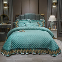 HKM-392019 Coral Velvet Baby One-Piece Bed Cover Set - Three-Piece Quilted Sheet in Blue, Red, Cream, and Green