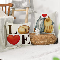 HKM-392083 Nordic Linen Breathable Throw Pillow Cover with Heart and Letter Patterns – Cute Kittens and Love Design, 45 x 45 cm