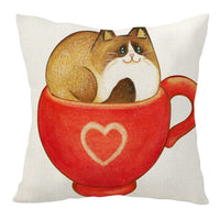HKM-392083 Nordic Linen Breathable Throw Pillow Cover with Heart and Letter Patterns – Cute Kittens and Love Design, 45 x 45 cm