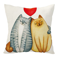 HKM-392083 Nordic Linen Breathable Throw Pillow Cover with Heart and Letter Patterns – Cute Kittens and Love Design, 45 x 45 cm