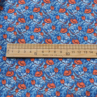 HKM-392851 Cotton Dress Fabric for Children - PLUME POPPY Blue with Red Leaves, 110cm Wide, 100% Cotton, 1m Cut