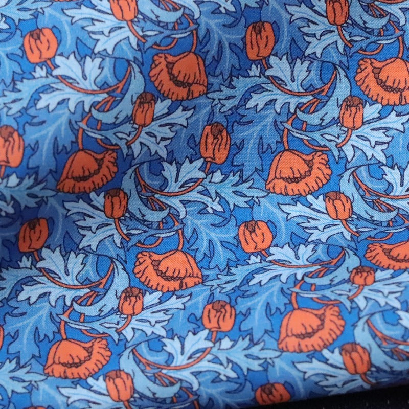 HKM-392851 Cotton Dress Fabric for Children - PLUME POPPY Blue with Red Leaves, 110cm Wide, 100% Cotton, 1m Cut