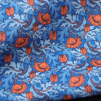 HKM-392851 Cotton Dress Fabric for Children - PLUME POPPY Blue with Red Leaves, 110cm Wide, 100% Cotton, 1m Cut