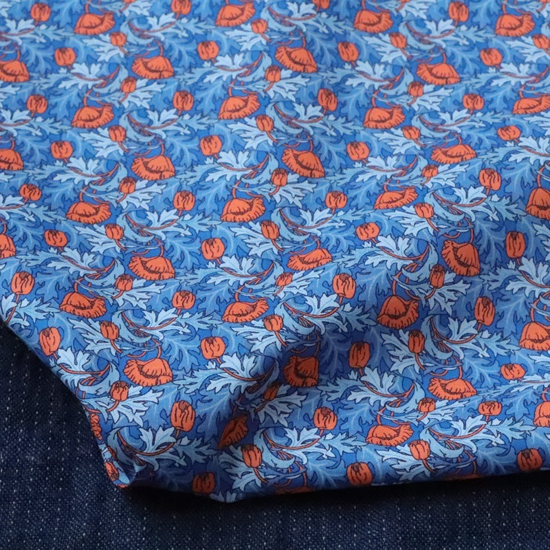 HKM-392851 Cotton Dress Fabric for Children - PLUME POPPY Blue with Red Leaves, 110cm Wide, 100% Cotton, 1m Cut