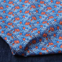 HKM-392851 Cotton Dress Fabric for Children - PLUME POPPY Blue with Red Leaves, 110cm Wide, 100% Cotton, 1m Cut