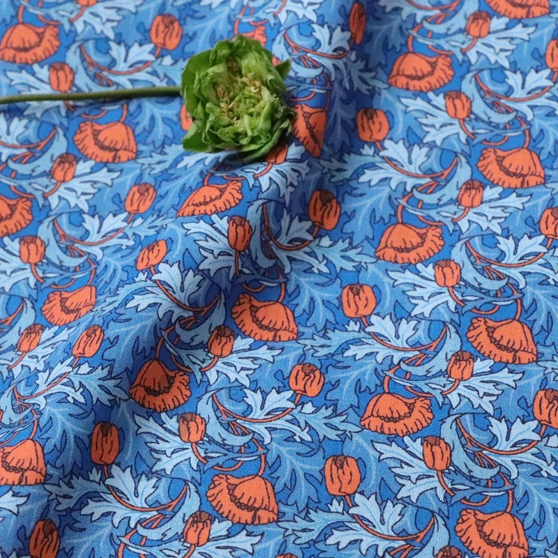HKM-392851 Cotton Dress Fabric for Children - PLUME POPPY Blue with Red Leaves, 110cm Wide, 100% Cotton, 1m Cut