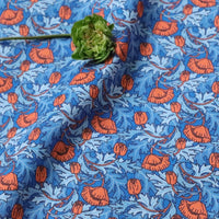 HKM-392851 Cotton Dress Fabric for Children - PLUME POPPY Blue with Red Leaves, 110cm Wide, 100% Cotton, 1m Cut
