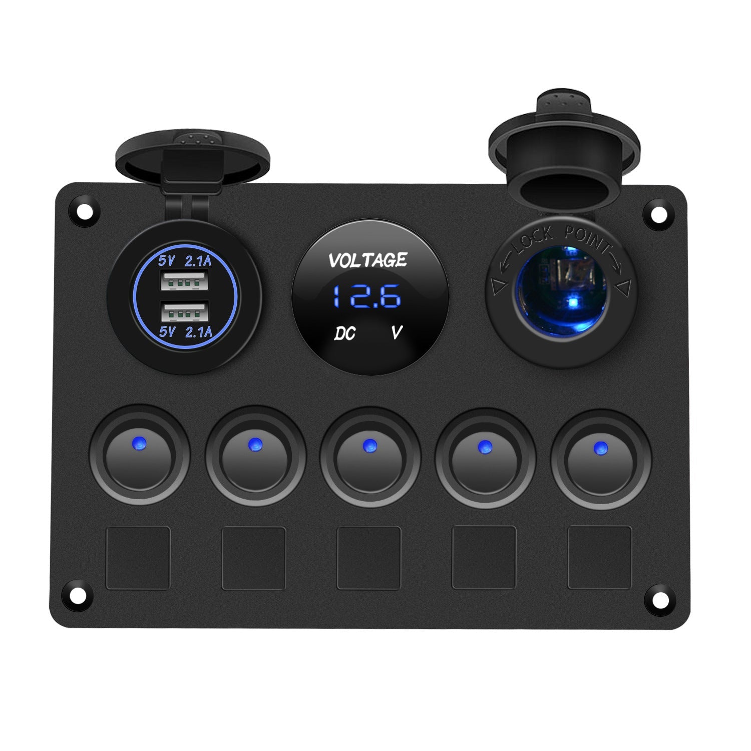 HKM-393363 Five-Position Switch Panel with Dual USB Ports, Voltmeter, and Lamp Holder, IP65 Rated, 12V Compatibility