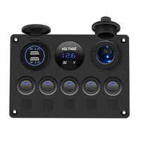 HKM-393363 Five-Position Switch Panel with Dual USB Ports, Voltmeter, and Lamp Holder, IP65 Rated, 12V Compatibility