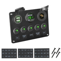 HKM-393363 Five-Position Switch Panel with Dual USB Ports, Voltmeter, and Lamp Holder, IP65 Rated, 12V Compatibility