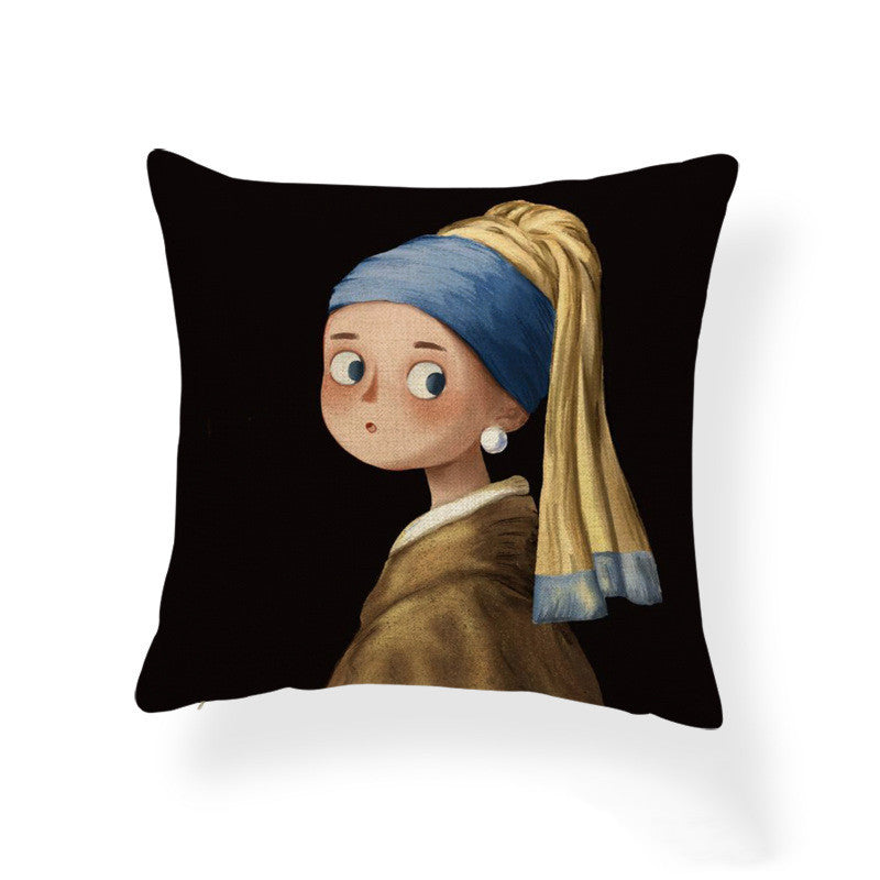 HKM-393555 Cartoon Girl Printed Pillowcase in Geometric Abstract Design, 45x45cm Polyester Linen Cushion Cover