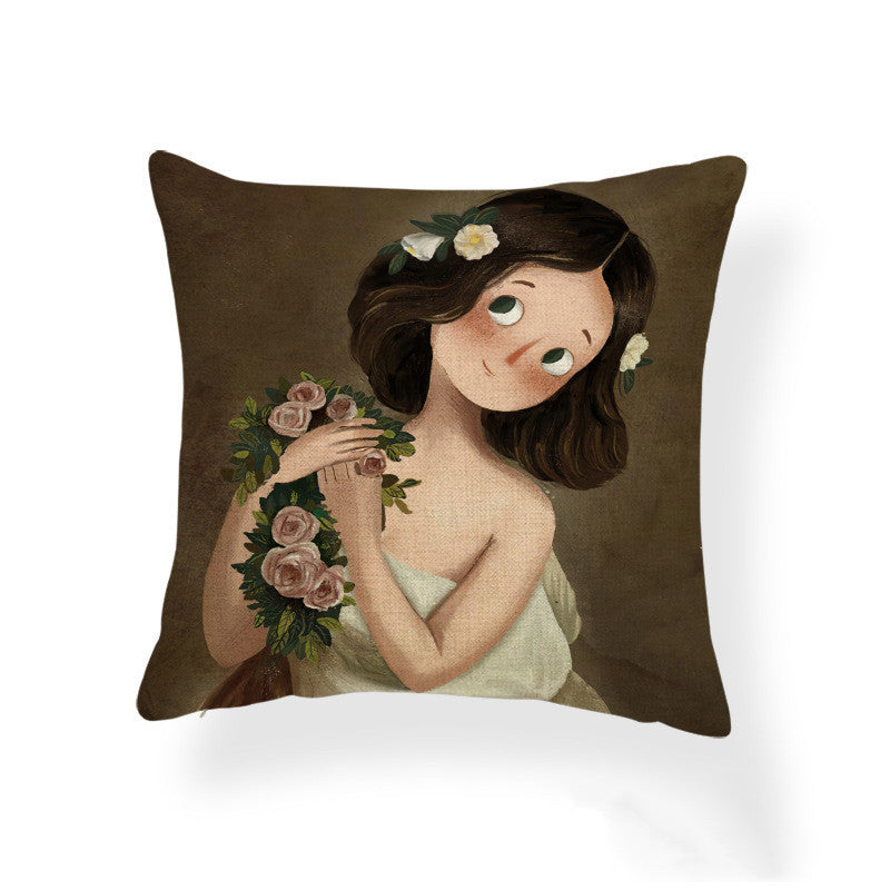 HKM-393555 Cartoon Girl Printed Pillowcase in Geometric Abstract Design, 45x45cm Polyester Linen Cushion Cover